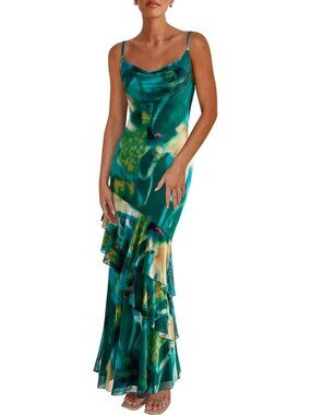 Women's Green Maxi Dresses Summer Tiered Floral Beach Sundress Spaghetti Strap